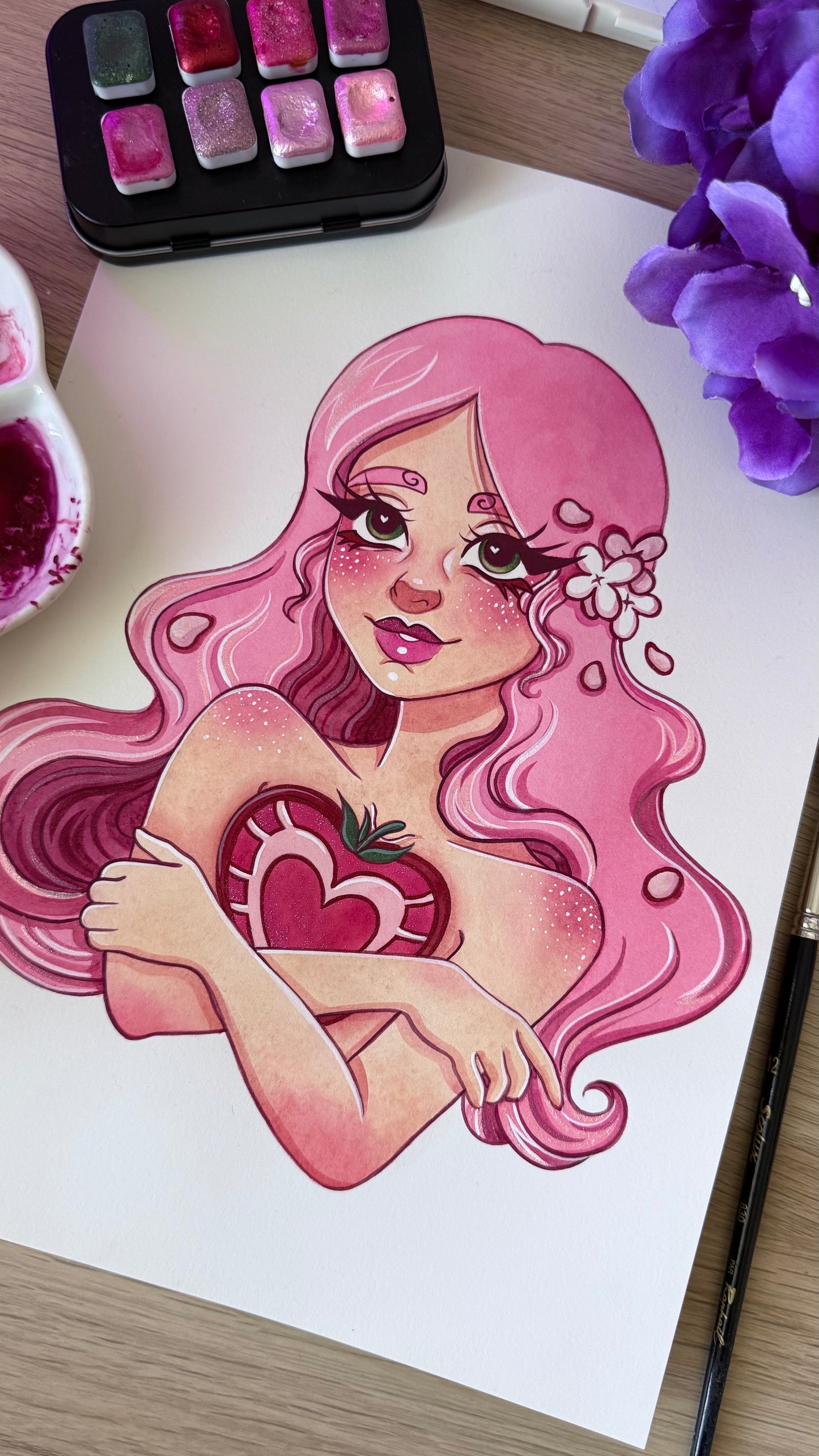 Aquarelle Originale «Miss Fraise» — Pièce Unique A4
