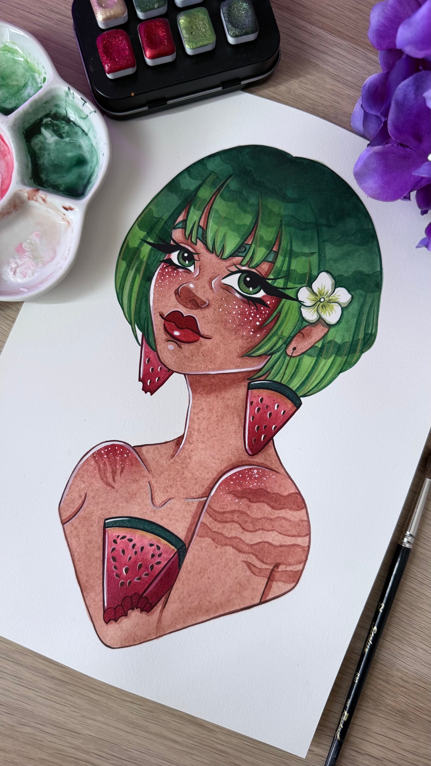 Aquarelle Originale «Miss Pastèque» — Pièce Unique A4