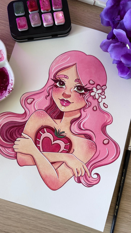 Aquarelle Originale «Miss Fraise» — Pièce Unique A4