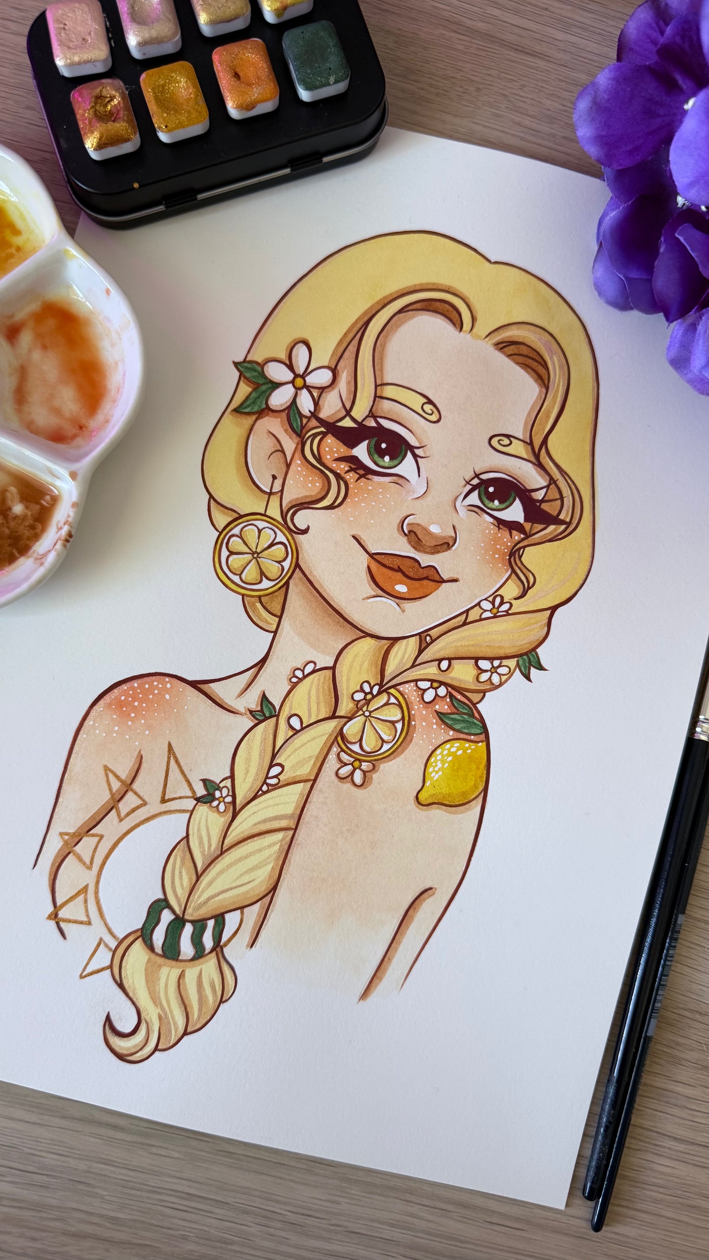 Aquarelle Originale «Miss Citron» — Pièce Unique A4